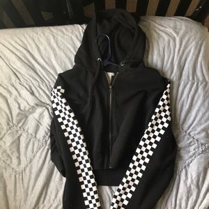 Checkered sleeve crop top hoodie